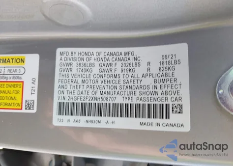 2022 Honda Civic Lx z USA, uszkodzony, nr VIN 2HGFE2F2XNH508707